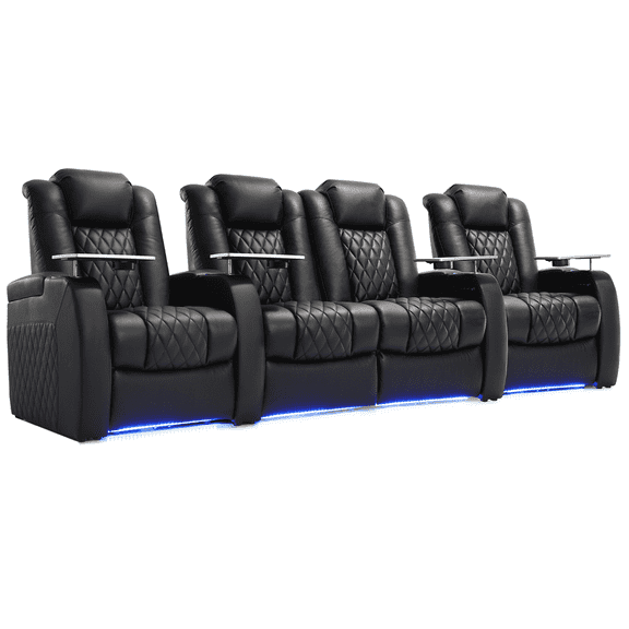 Weilianda Recliner Sofa Home Theater Seating Top Grain Leather Recliner Chair Power Recliner Movie Gaming Sofa with Type-C USB Charge Cup Holders (Row of 4 Loveseat Middle, Black)