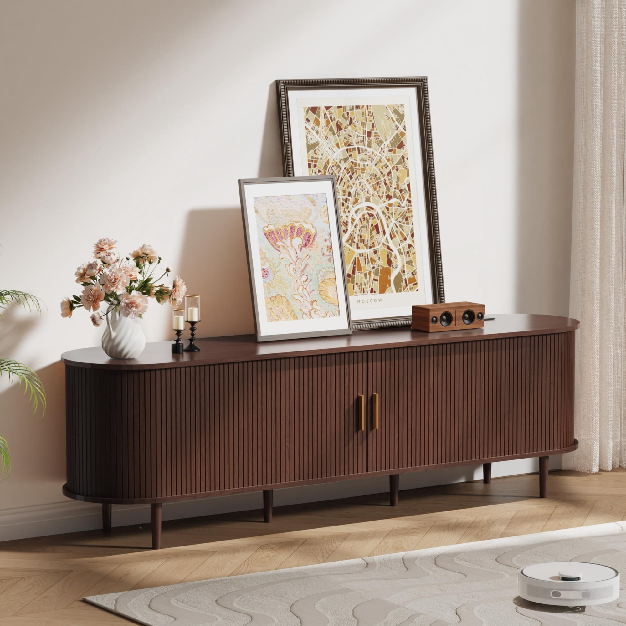 70.8 Inch Mid Century Modern TV Stand with Power Outlet, Fluted Media Console with Sliding Doors for TVs up to 80 Inch, Walnut