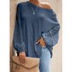 thumbnail image 2 of Camiseta Ahueca Hacia Fuera Manga Larga Cuello oblicuo Color Puro Tops de Un Hombro para Mujer Denim Azul XL, 2 of 6