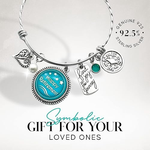 Retirement Bangle Bracelet in Stainless Steel with Silver Toned Charms. Retirement Gift for Women.