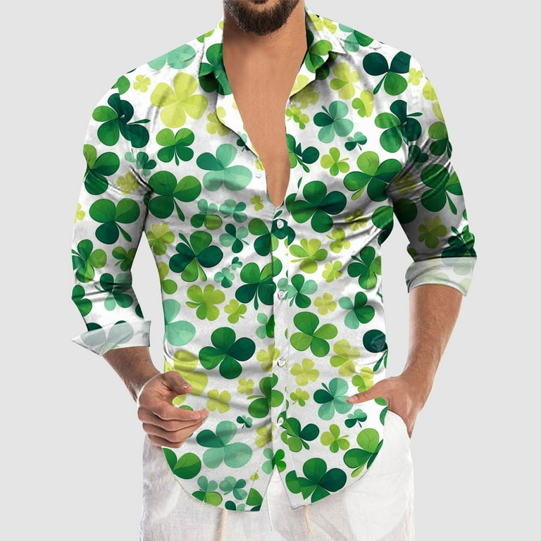 Ibiyuan Slim Fit Dress Shirts for Men St Patricks Day Love Heart Clover Printed Casual Short Sleeve Green Cute Button Down Lapel Tee Tops Summer Beach