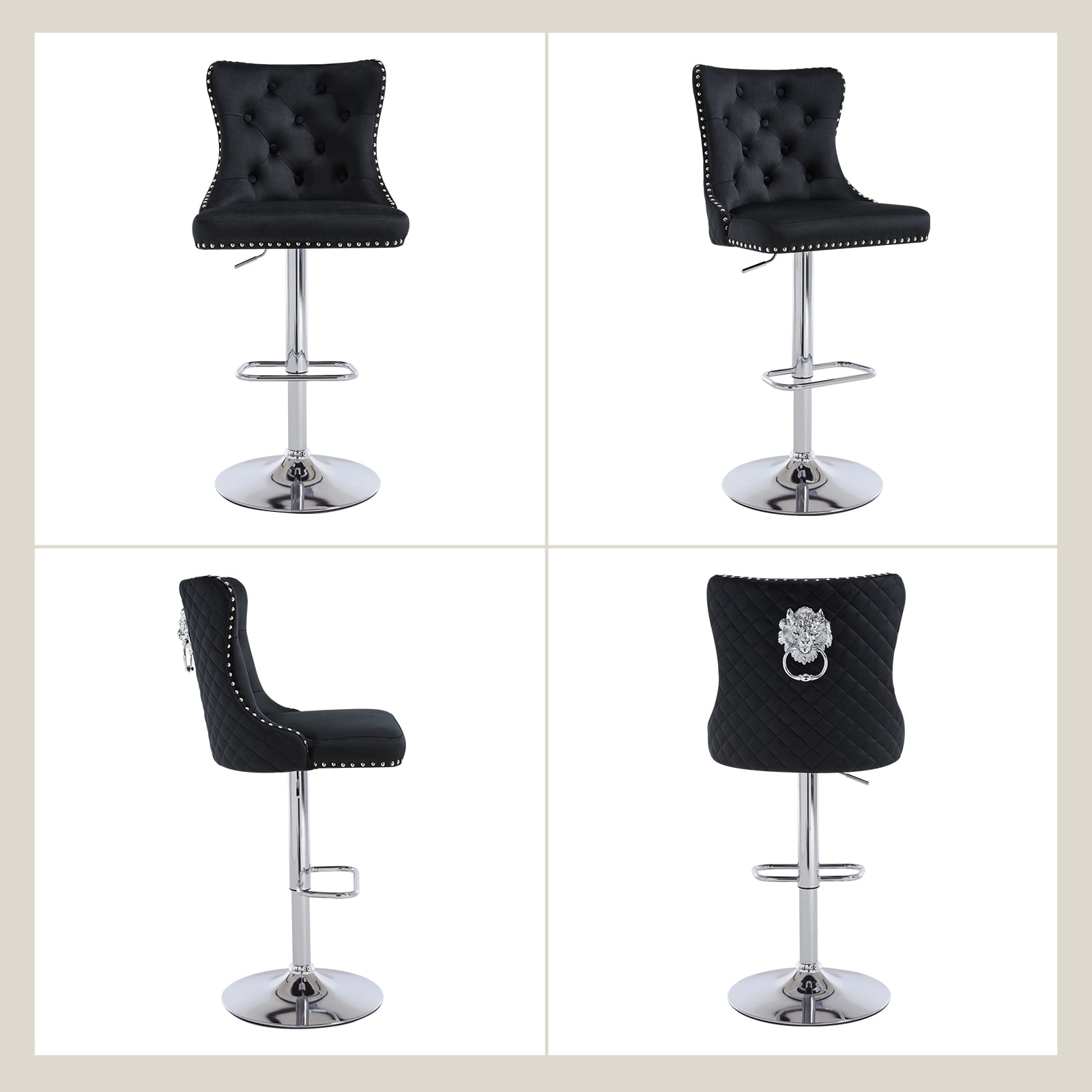 Velvet Bar Stools Set of 2 Modern Counter Height Bar Stools with Lion Pull Ring Tufted Back, Nailhead Upholstered Barstools for Home Kitchen Island, Swivel Adjustable Stool Chair in Black