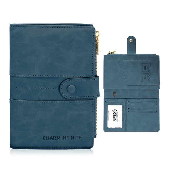 RFID Blocking Passport Holder with Vaccine Card Slot Protector Passport and Vaccine Card Holder Combo Leather Bi-fold Large Capacity Travel Wallet With Zipper Gifts for Women Men(Blue)