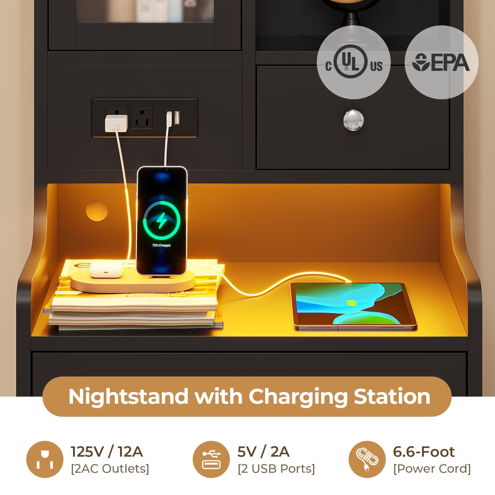 Tall Night Stand with Charging Station and LED Lights,49.2" Nightstand with Shelf and Glass Door, Bedside Table with Drawers,Black