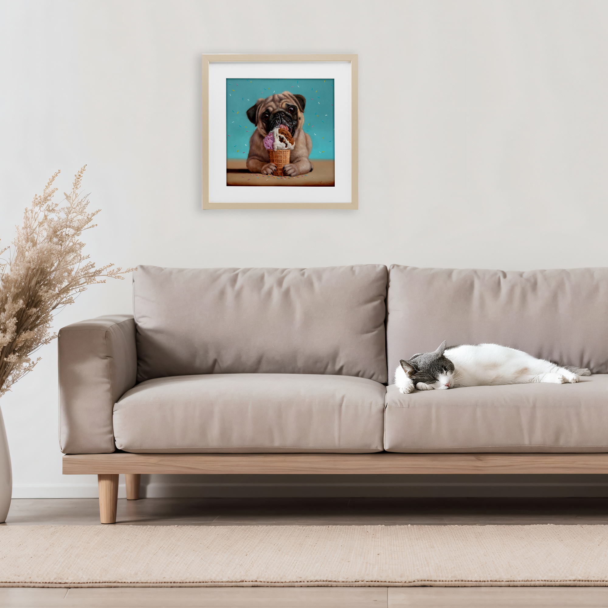 Neapawlitan Ice Cream & Dog Birch Framed Print Under Glass, design by Lucia Heffernan