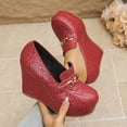 thumbnail image 5 of SACFOF Women’s Leather Slip-on Platform Wedge Heel Dressy Loafers with Metal Hook Loop Retro Round Toe Comfort Arch Support Non-Slip Platform High Heel Pumps Daily Office Walking Shoes, 5 of 6