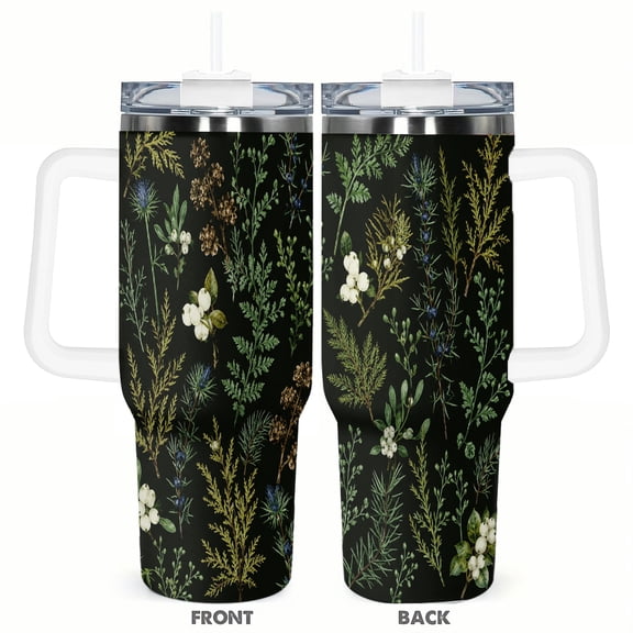 40oz Winter Botanical Travel Tumbler with Handle and Straw Lid Evergreen Berry Insulated Car Coffee Cup Holiday Gift