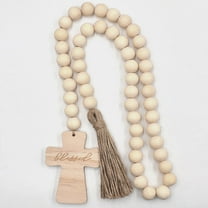 GOOHOCHY Wooden Bead Garland with Tassel and Cross Decor Khaki Color for Wall Door or Fireplace Adornment 2 Pieces
