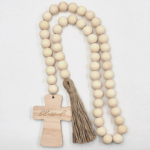GOOHOCHY Wooden Bead Garland with Tassel and Cross Decor Khaki Color for Wall Door or Fireplace Adornment 2 Pieces