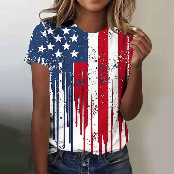 4th of July Shirts for Women: American Flag Tee USA Red White Blue Top Patriotic Crew Neck T Shirt