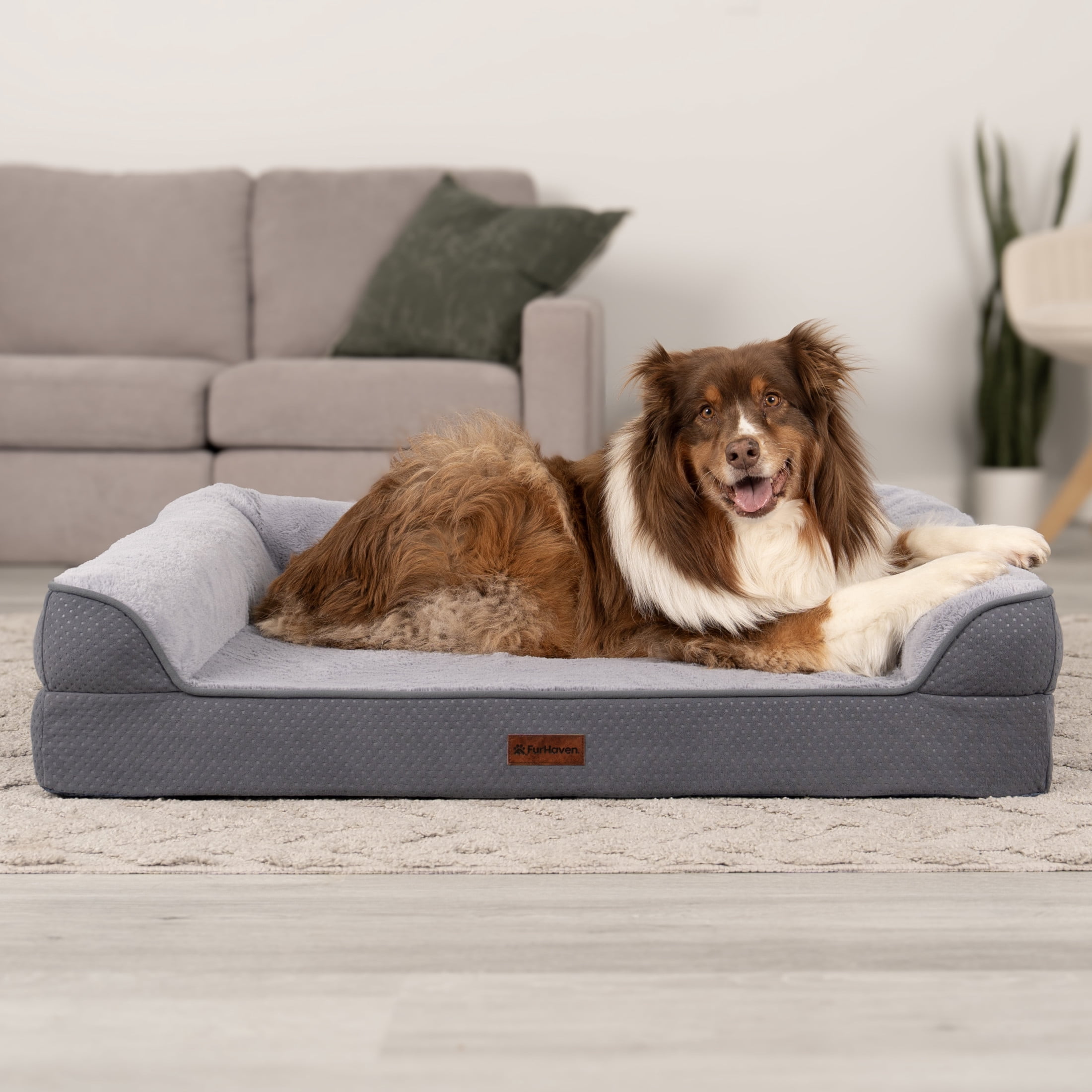 FurHaven Jumbo (40"x32") Cooling Gel Dog Bed – Cool Gel Memory Foam Sofa Pet Bed, Embossed Velvet, Removable Washable Cover, Steel Blue