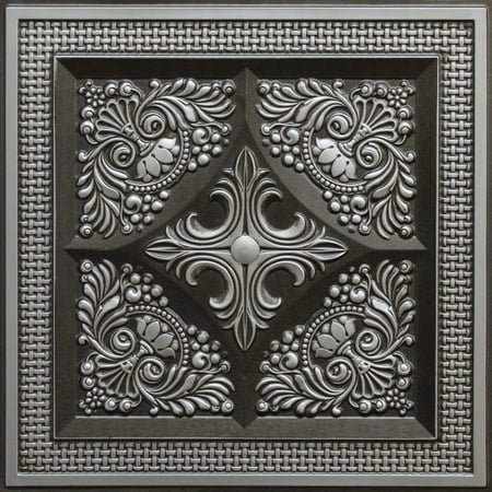 Dundee Deco's Rustic Antique Silver Floral Glue Up/Drop In Ceiling Panels, 2 ft. X 2 ft. (4 sq ft.) each, Pack of 25