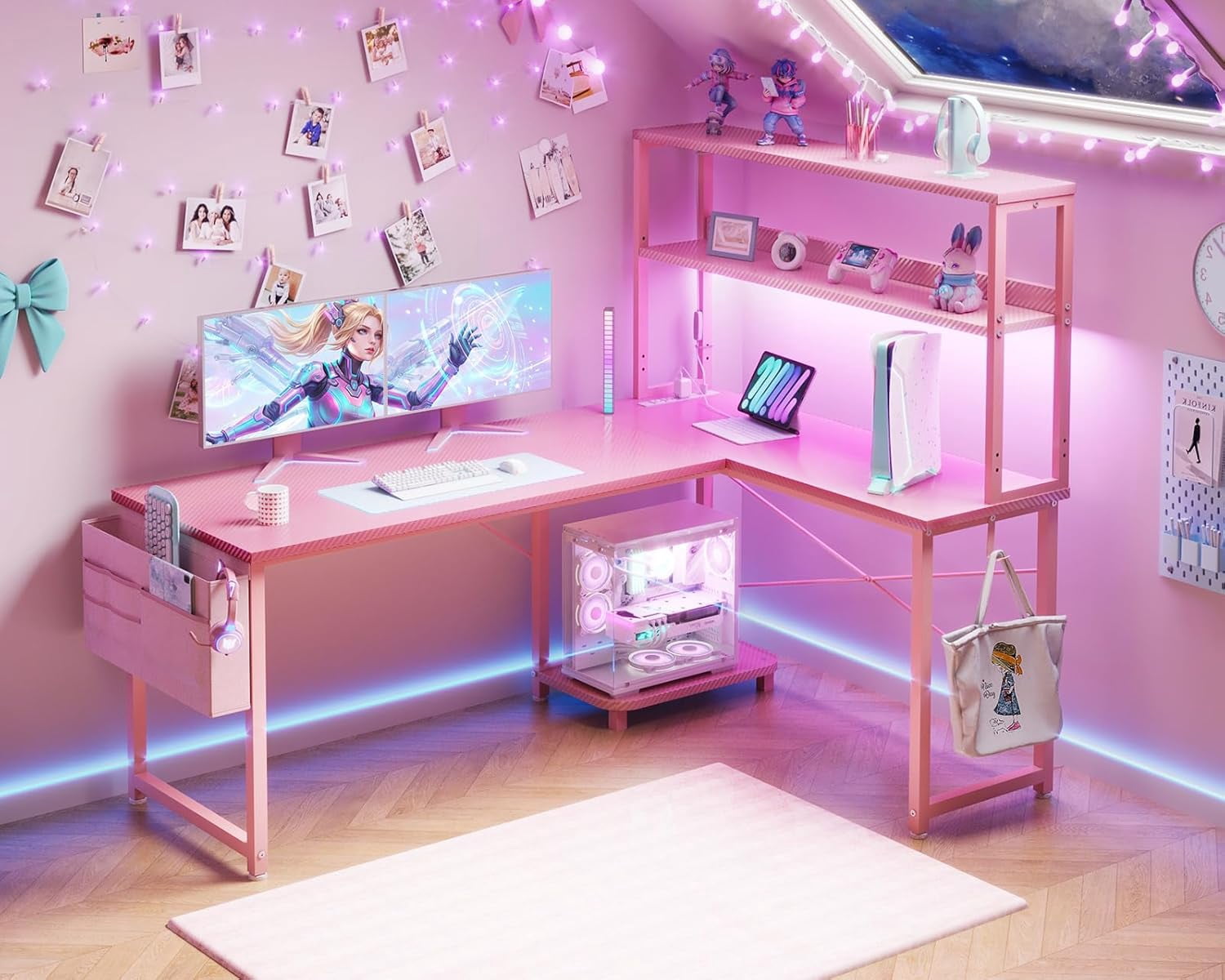 53 Inch L Shaped Desk with LED Lighting, Reversible Gaming Desk with Power Outlets, Cornor Computer Table with Storage Shelves & Bag & Iron Hook, Home Office Table for Writing, Study, Pink