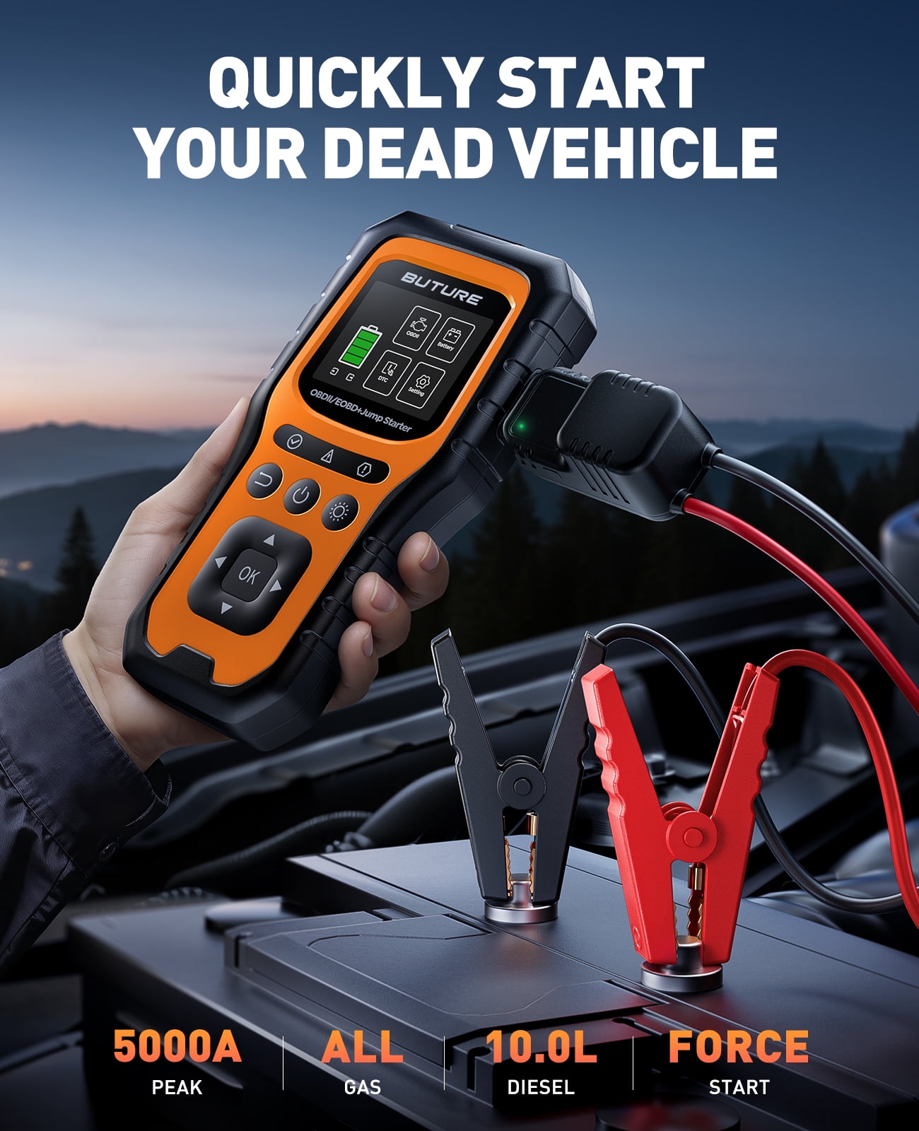 BUTURE 5000A Jump Starter with OBD2 Code Reader, 12V Battery Booster for All Gas & 10L Diesel Engines, Power Bank & LED Light