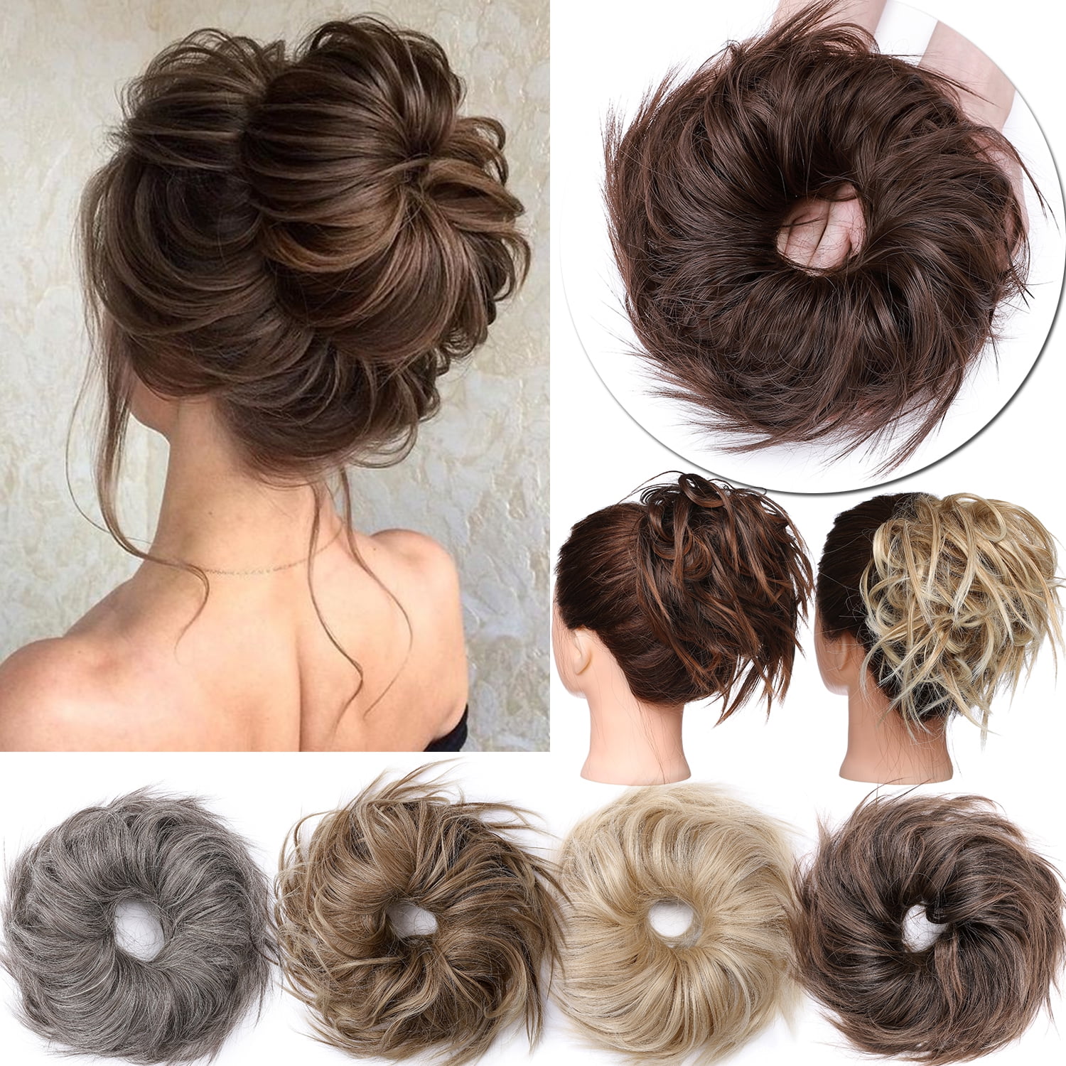InKach Short Curly Hair Bun Extensions Synthetic Wig for Black Women Wavy Messy Donut Chignons Hair Pieces Ponytail Bun Ties Holder Easy-To-Wear, B 