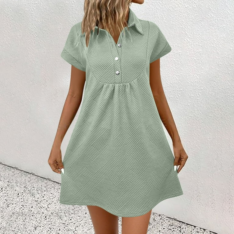Wqqzjj Women's Summer Casual Dress, Solid Color Lapel Button Batwing Sleeve Short Sleeve Mini Dresses Fashion Outfit Home Clothes, Size: Large, Green