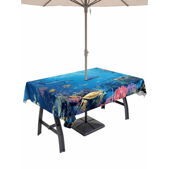 Outdoor Tablecloth with Umbrella Hole for Patio/Picnic/Party/Camping, Blue Turtle Coastal Waterproof Table Cloth Rectangle Table Cover Washable, Summer Beach Nautical Ocean Coral (60"x 120")
