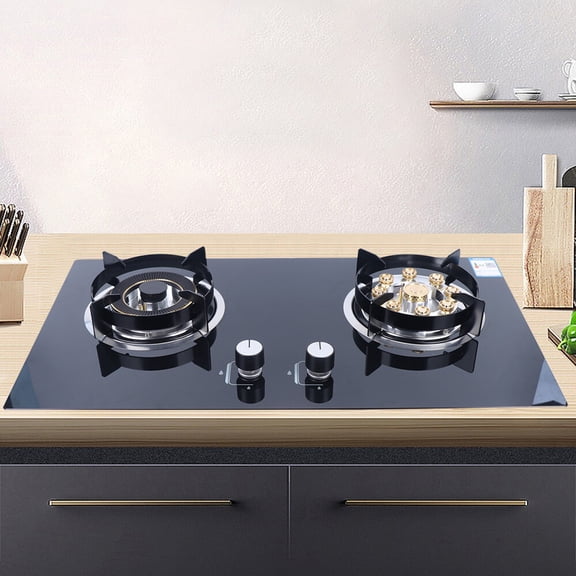2 Burner Gas Cooktop 5.2KW High BTU, Dual Fuel Stove Top with Tempered Glass, Built-in/Countertop Gas Hob with Flameout Protection for Kitchen, Black