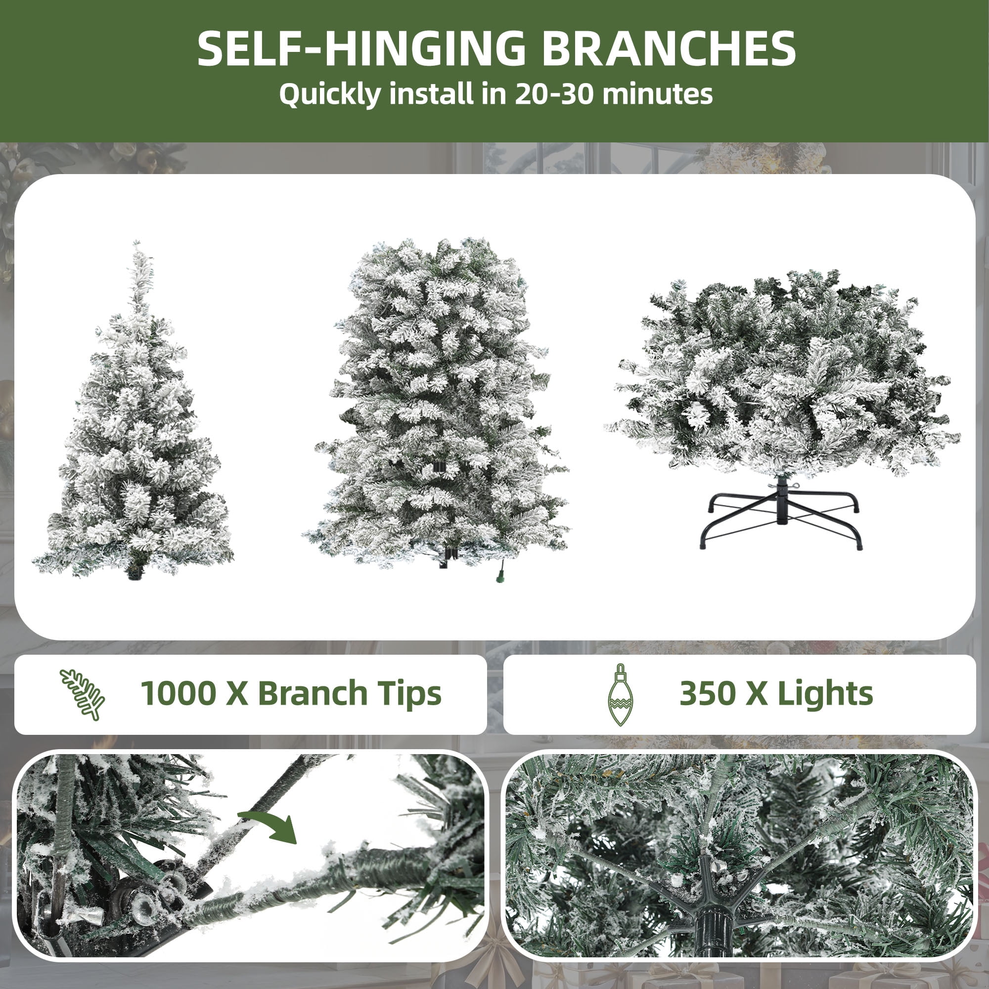 Uforic 7.5ft Pre-lit Snow Flocked Pencil Christmas Tree with 1000 Branch Tips & 350 Lights, Remote Control, White Flocked