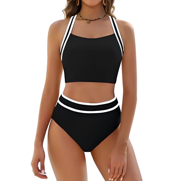 Full Coverage Bikini, 2 Piece Swimsuit for Women, Two Piece Swimsuit for Women, Women's High Waisted Bikini Sets Two Piece Swimsuits Sporty Tummy Control Bathing Suit Color Block Swim Suit, Black L