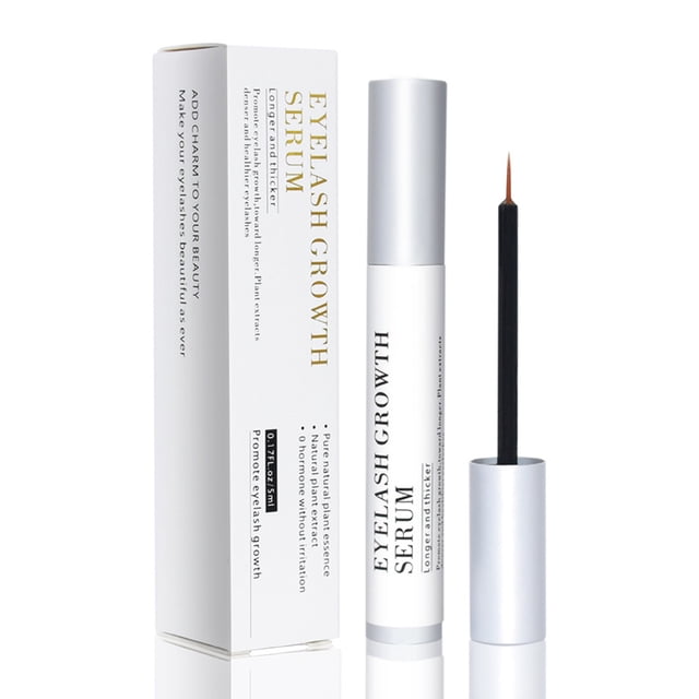 Sérum intensivo para crecimiento de pestañas, 5ml - Fórmula natural para pestañas más largas, gruesas y brillantes, envase elegante en blanco y dorado.