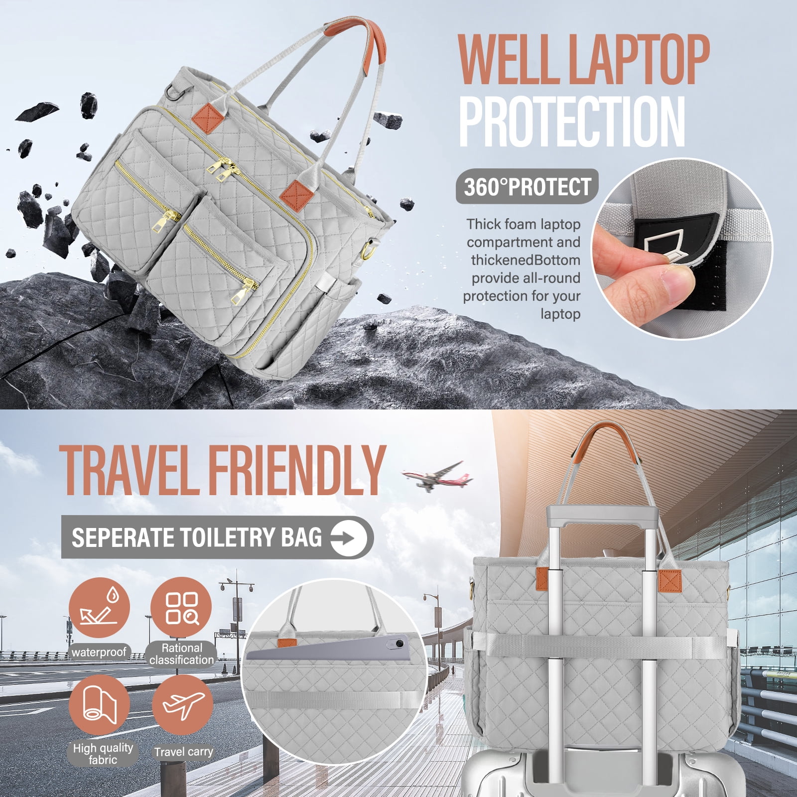 Gocvo Large Capacity Womens Work Bag Multi-functional Teacher Tote Bag with Laptop Compartment Office Work Tote Bag, Gray