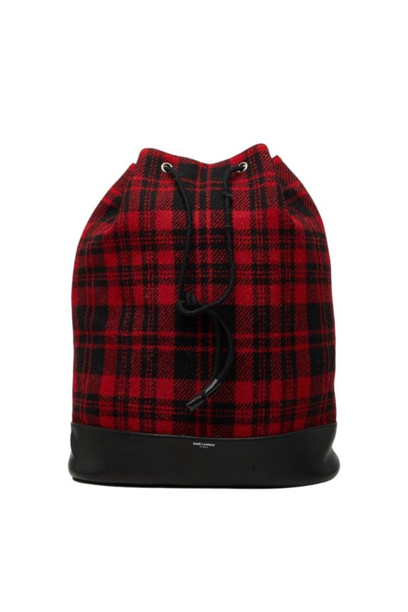 Pre-Owned Saint Laurent Tweed Backpack, Drawstring Bag, Red Leather, Wool, Women's.