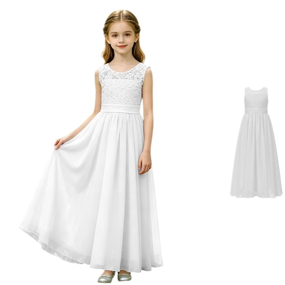HJYCHN Kids Dress Sleeveless Lace Chiffon Maxi Gown with Decorative Belt for Girls Dress 12-13 Years