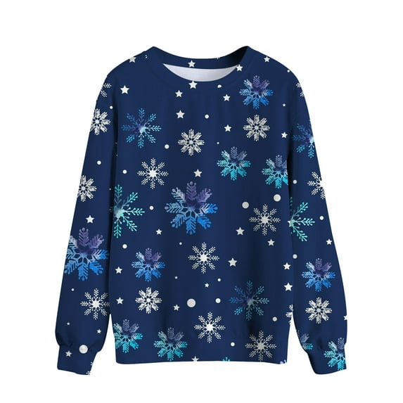 TWZH Women Christmas Snowflower Print Crew Neck Pullover Shirt