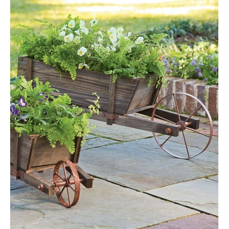 Decorative Wood Wheelbarrow Planter w/ Functional Wheel 