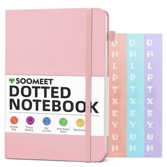 Dotted Journal Bullet Notebooks with Pen Loop, Welan A6 Hardcover Leather Notebook, 100Gsm Premium Thick Paper with Inner Pocket, Stickers - Pink