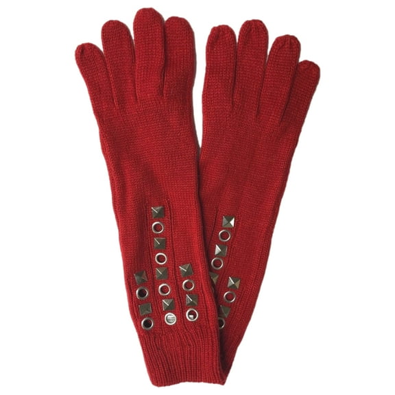 Bisou Bisou Womens Long Red Knit Gloves with Silver Studs & Grommets