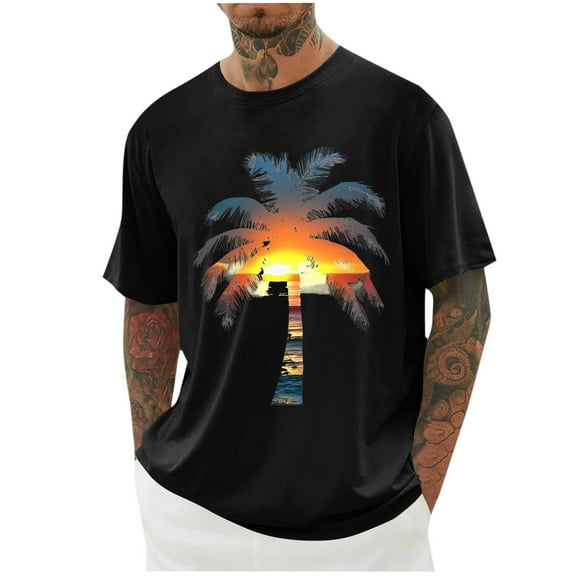 ZCFZJW Mens Hawaiian T-Shirts Summer Tropical Palm Tree Beach Graphic Tees Tops Big and Tall Regular Fit Casual Short Sleeve Crewneck Workout Tshirt Black XXXXL