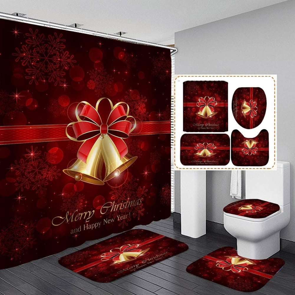 4 Pcs Christmas Shower Curtain Set With NonSlip Rug, IsEasy Xmas