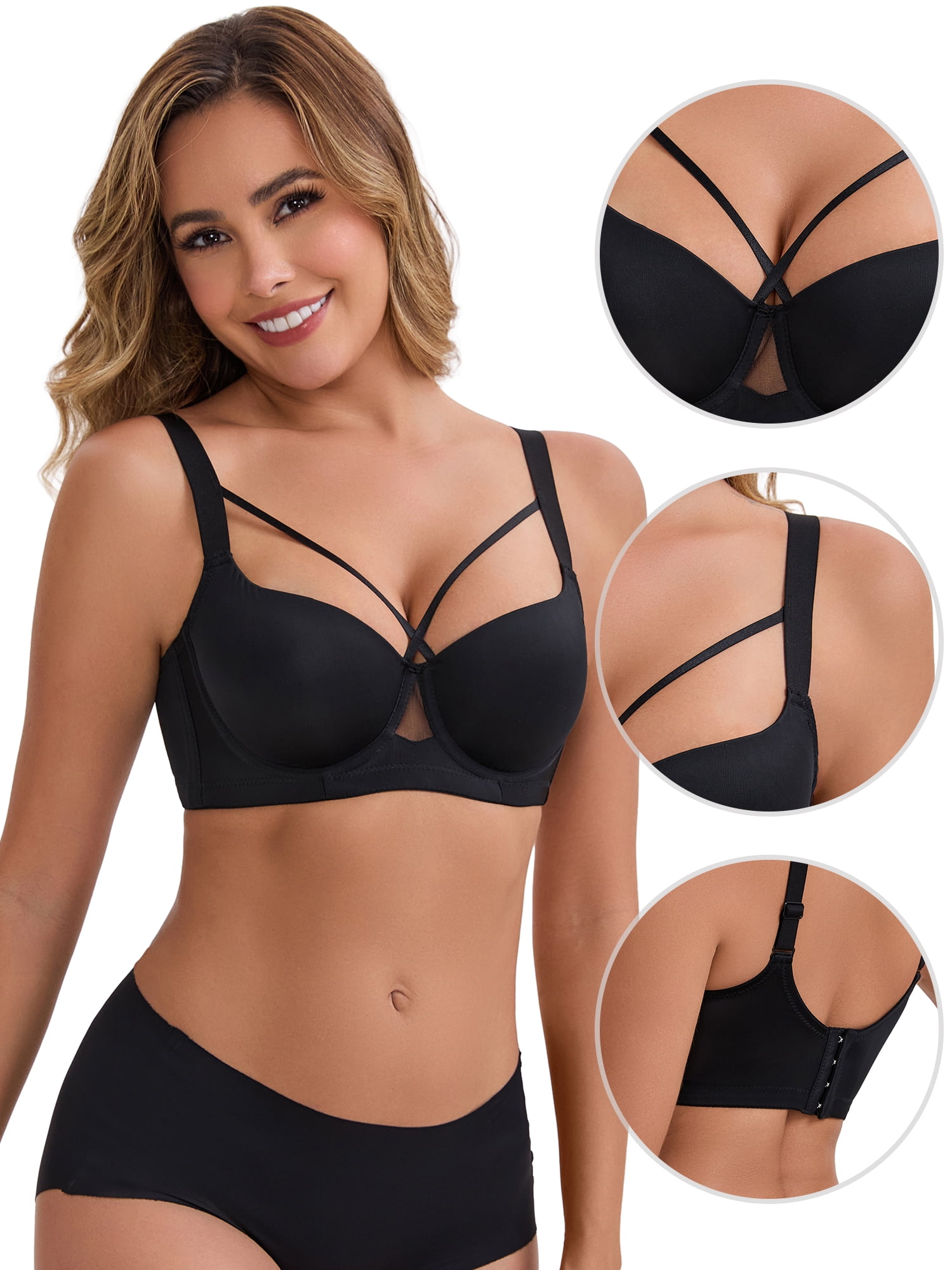DARING DIVA Women's 3/4 Cup Push-Up Underwire Support Front Cross Lingerie 36B Black