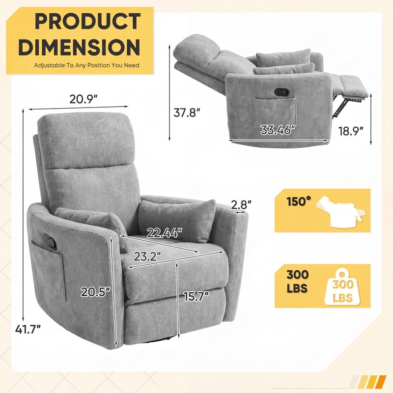Furmax 360° Swivel Recliner Power Massage Rocker Chair Adult Glider Rocker with 2 Comfy Pillows for Nursery,Loop Yarn Gray