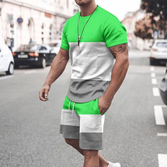 Yaoyar Men's Crew Neck Short Sleeve Color-Block Casual Sporty T-Shirt Top Shorts Two-Piece Set Versatile Daily Wear Coordinate Set
