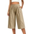 thumbnail image 3 of Women's Pleated Wide Leg Capri Culotte Pants Elastic High Waist Textured Lightweight Wrinkle Resistant Casual Fit Khaki XXL, 3 of 7