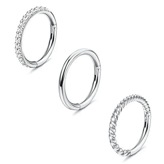 K-KED 3Pcs 16G Hinged Clicker Segment CZ Twisted Nose Rings Helix Cartilage Piercing -16G 10mm