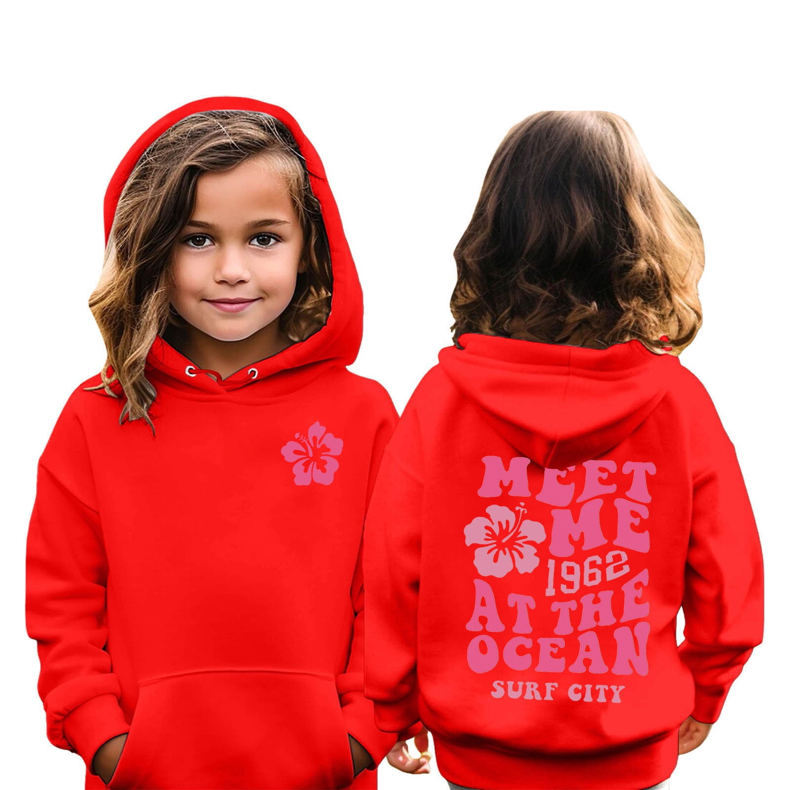 Pink Palm Puff Hoodie For Teens - Cute Embroidered Hibiscus Flower Pullover, Oversized Fit