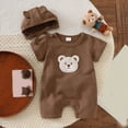 thumbnail image 2 of KPOPLK Newborn Baby Boy Romper Summer Clothes with Baby Hat Cartoon Print Boy Embroidery Jumpsuit Bodysuit Waffle Round Neck Onesie 3 6 12 18 Months(3-6 Months,Coffee), 2 of 8