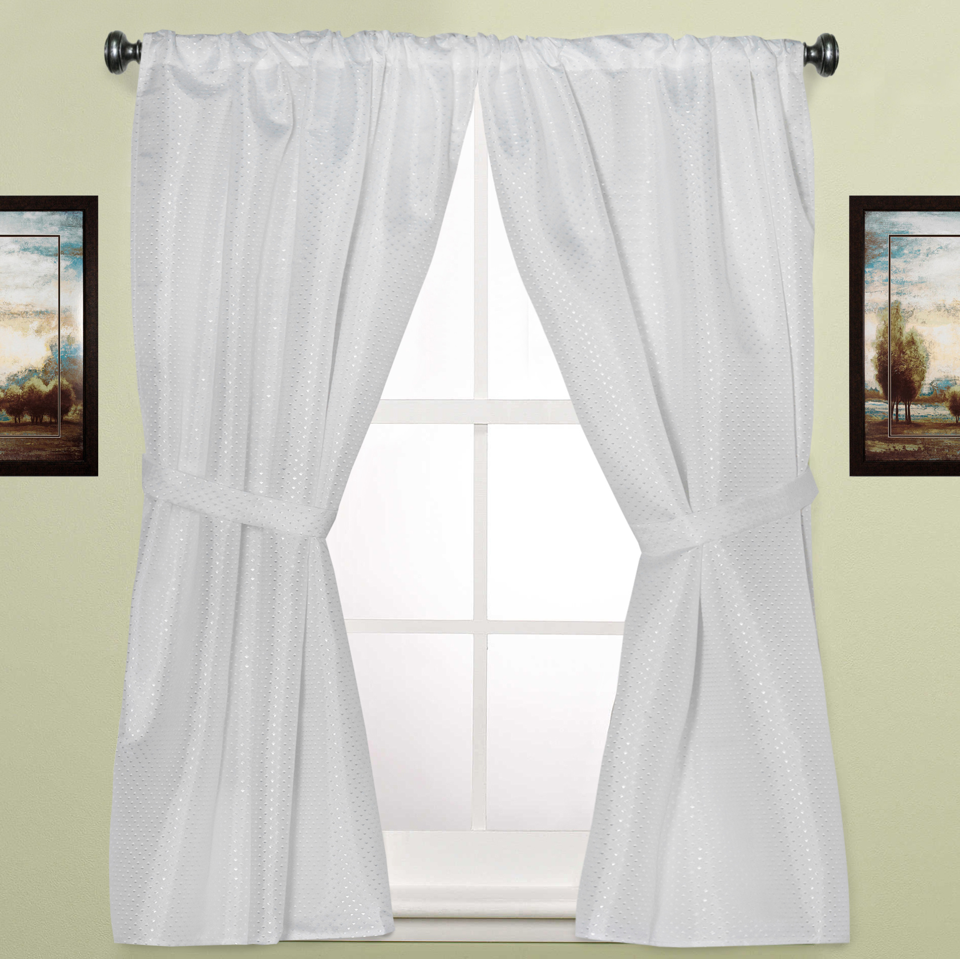Diamond Pattern White Fabric Bathroom Window Curtain Pair w/ Tiebacks