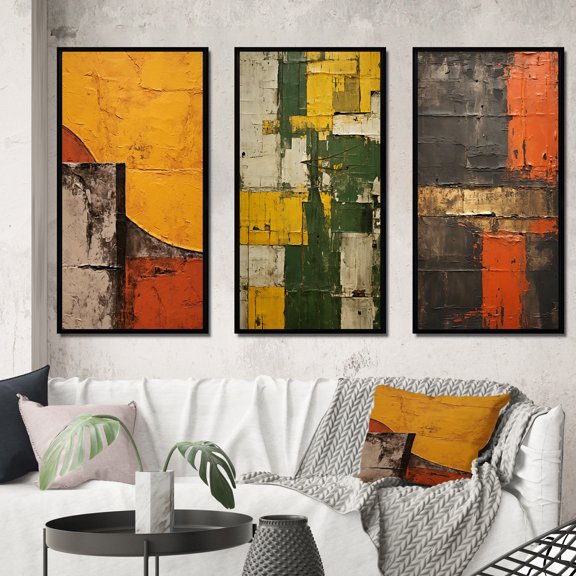Designart "Old City Moonrise Lunar Nostalgia" Modern Midcentury Framed Wall Art Set Of 3 - Orange Abstract Midcentury Frame Gallery Wall Set For Home Decor