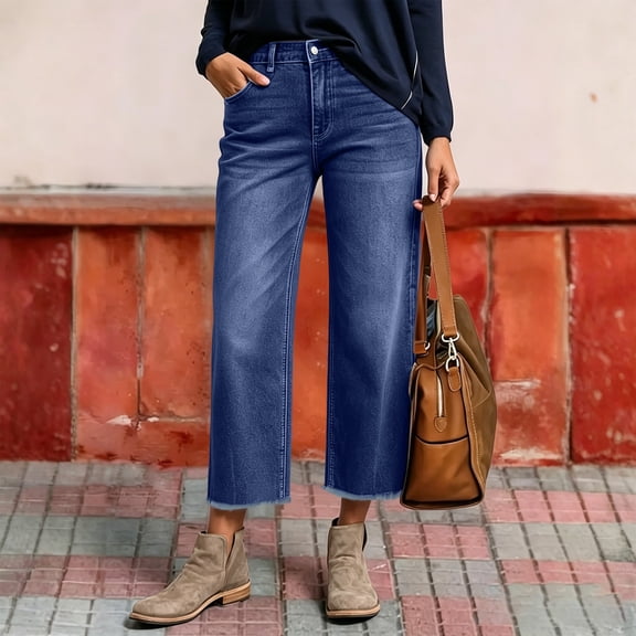 Cropped Jeans for Women Summer Frayed Hem Straight Jeans Capris Stretchy High Waisted Baggy Boyfriend Denim Pants XL