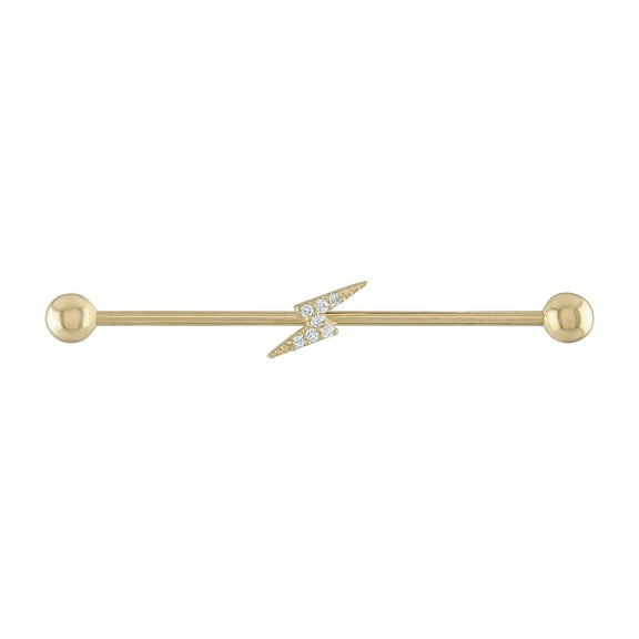 Zahav Jewelry 14K Solid Yellow Gold 36mm Lightning-Shaped Industrial Barbell With CZ Stones