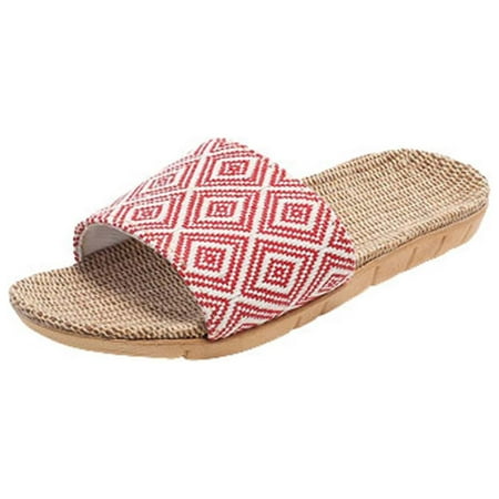 

Womens Fashion Casual Home Slippers Soft Sole Linen Print Slippers Open Toe Flat Beach Slippers