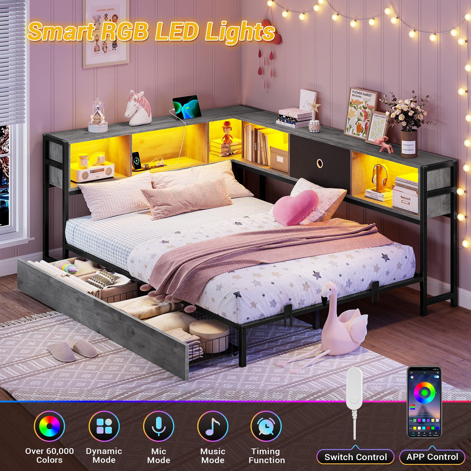 Full Corner Bed Frame with Bookcase Storage and Led Lights,Full Daybed Frame with Charging Station,Metal Platform Bed Frame with Storage Drawers Underneath for Living Room,Bedroom & Guest Room,Gray