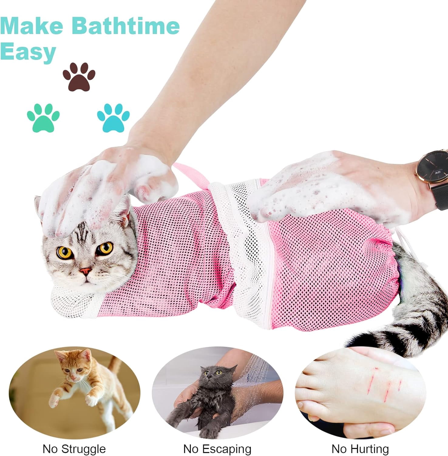 GASTROPOD Cat Bathing Bag Anti-Scratch Grooming Net, Adjustable Pet Restraint Sack with Zipper, Breathable Mesh Wash Bag for Shower, Nail Trimming, Peach