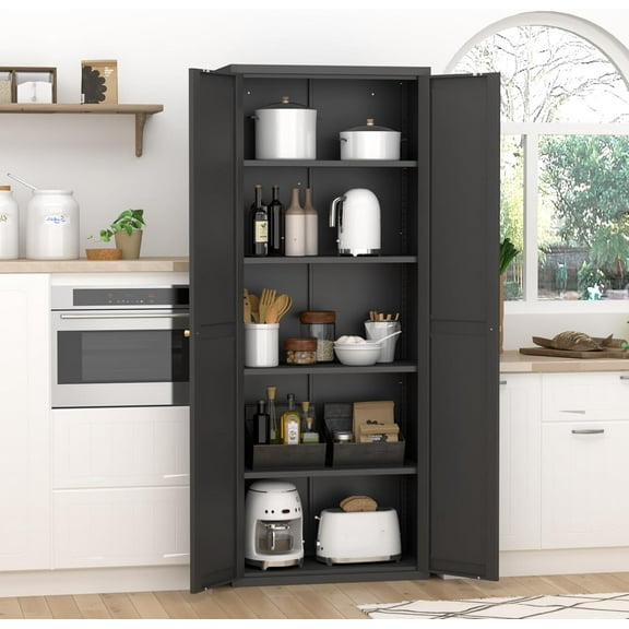 71" Kitchen Pantry Storage Cabinet, Farmhouse Tall Kitchen Pantry Cabinet, Black Garage Storage Cupboard with Doors and Adjustable Shelves, Cupboard for Dining Room, Living Room and Bathroom