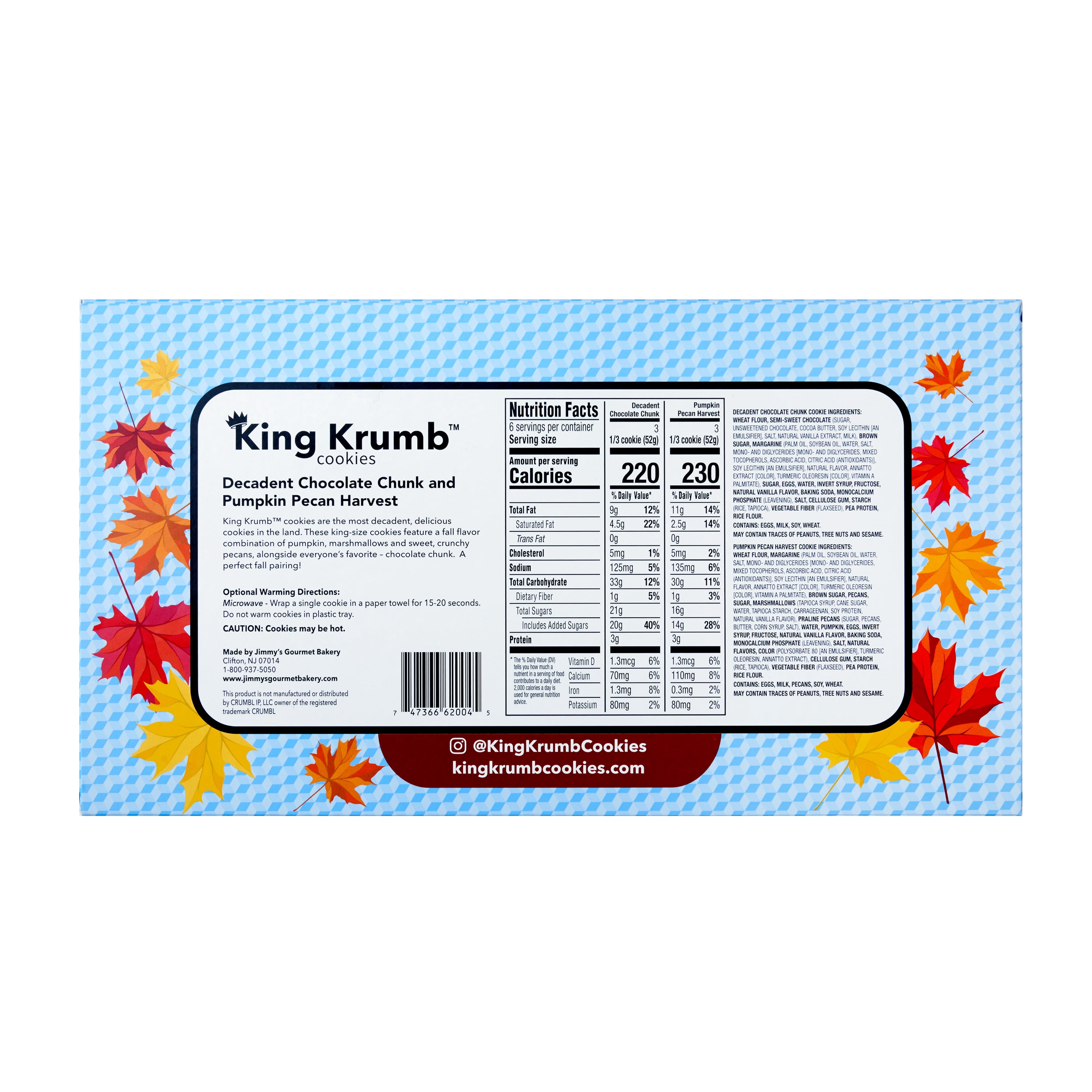 King Krumb Decadent Chocolate Chunk and Pumpkin Pecan Harvest Bakery Cookies, 11oz, 2 Count, Baked, Ready to Eat
